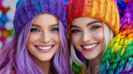 Happy women in rainbow knit hats, close-up portrait