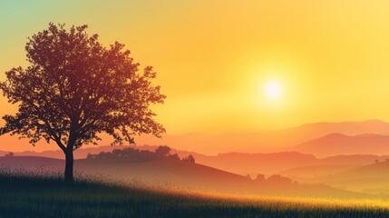 Solitary Tree Silhouetted Against a Vibrant Sunset Landscape