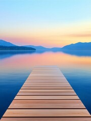 Fototapeta premium A serene wooden dock extends into calm water, reflecting soft hues of blue and pink from the sky at sunset, surrounded by mountains.