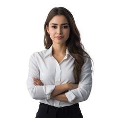 Confident young woman in business casual outfit isolated on transparent white background
