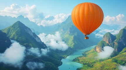 Fototapeta premium Orange Hot Air Balloon Soaring Over Majestic Mountains