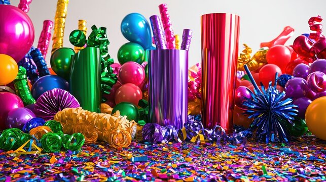 Colorful party decorations with vibrant balloons, confetti, and festive elements for celebration