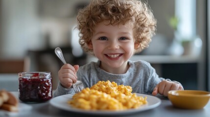 Happy toddler enjoys scrambled eggs breakfast meal