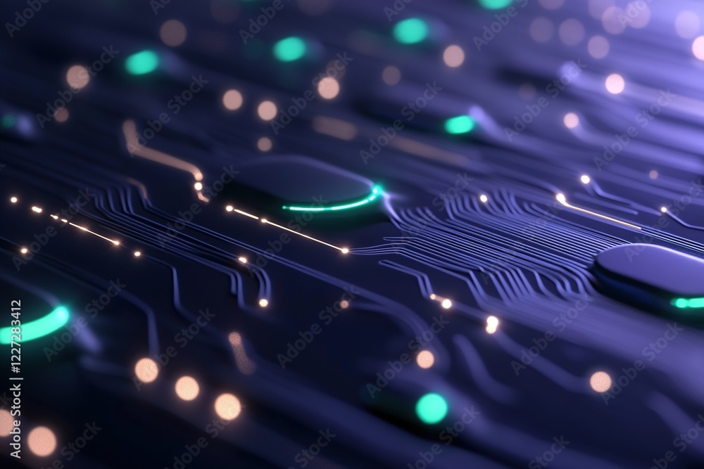 Poster intricate circuit patterns glow in vibrant hues, displaying a network of connections and energy. the
