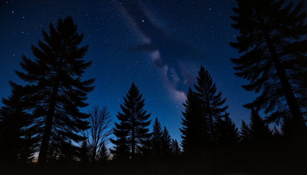 Serene forest scene at night with towering trees silhouetted against starry sky