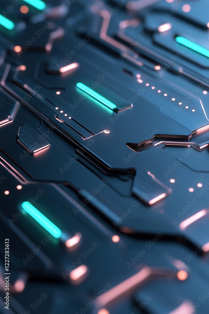 Poster glowing circuit patterns in vibrant colors pulse against a sleek black background, creating a mesmer