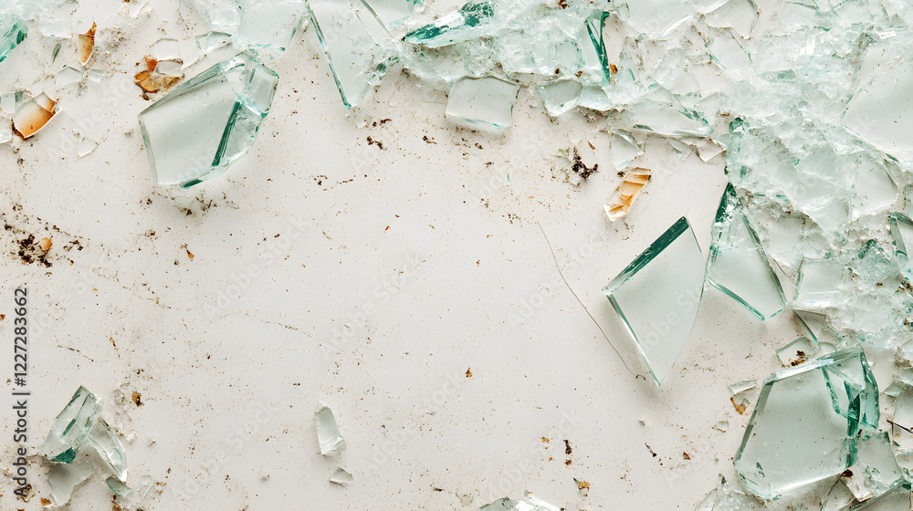 Poster close-up view of scattered glass fragments creating a sharp contrast