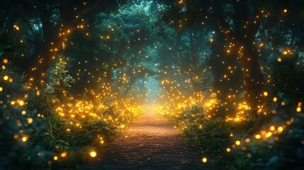 Enchanting Forest Path Illuminated by Glowing Fireflies at Twilight in a Mystical Atmosphere