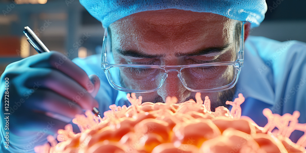 Poster scientist examining three-dimensional cellular model