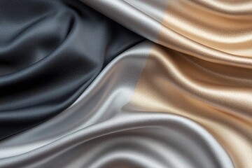 Metallic drapes in hues of silver, gold, and black cascade softly, creating an elegant flow of texture and light. The interplay of colors highlights a sophisticated atmosphere