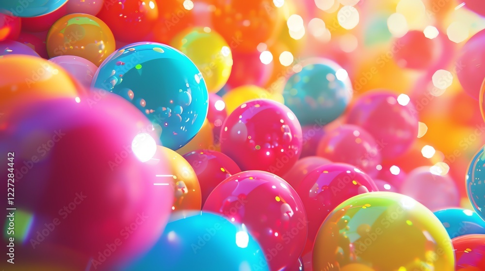 Poster colorful glossy balls of various sizes with a shiny surface, 3d rendering.
