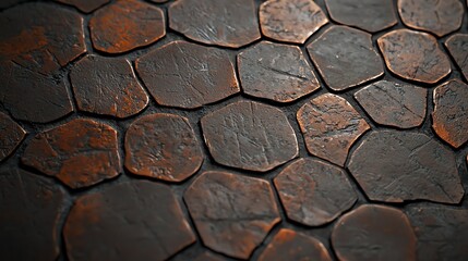 A textured surface featuring hexagonal shapes in dark brown tones, creating an intricate pattern...