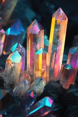 Multicolored glass crystals on a dark background. Selective focus.