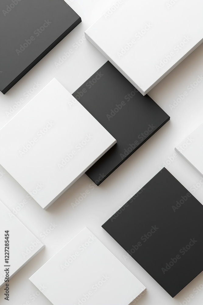 Poster an abstract composition features multiple squares in various shades of black and white, arranged in 