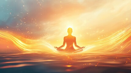 Silhouette of person sits in a lotus pose, chakra. Kundalini energy. practicing yoga meditation outdoors