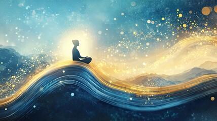 Silhouette of person sits in a lotus pose, chakra. the human image . mind, soul, energy movement. Kundalini energy. practicing yoga meditation outdoors. A stream of light. healing. mind. Cognition