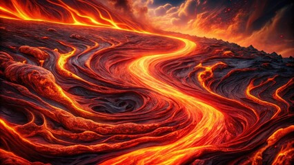 A vibrant red lava flow with intricate patterns and swirling motions against a dark background, evoking a sense of intense heat and energy, fiery, geological