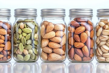Jars filled with various types of nuts and seeds on a white background.