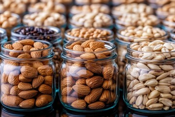 Obraz premium Various nuts in jars arranged neatly on a table.