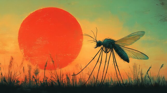 Giant mosquito silhouetted against a vibrant setting sun at dusk on a field of wild grasses