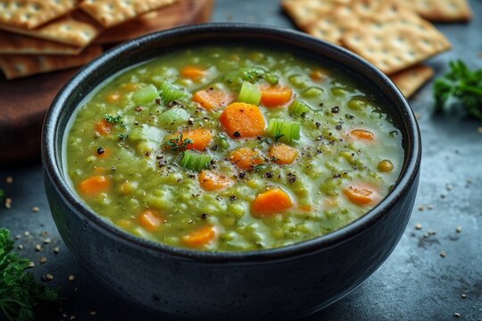 Creamy split pea soup bowl, carrots, celery, crackers