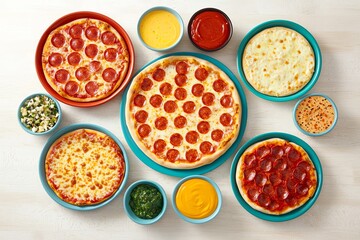 A vibrant assortment of pizzas topped with pepperoni, surrounded by various sauces, showcasing a delicious spread perfect for gatherings.