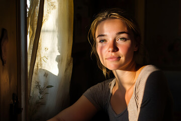 Fototapeta premium Soft sunlight illuminates a young woman sitting by a window in a cozy room during afternoon hours