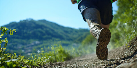 Obraz premium Muddy Trail Runner's Leg and Shoe