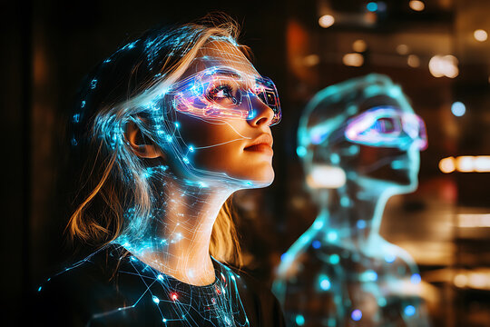 Futuristic woman observing digital projections in an illuminated urban environment during evening hours