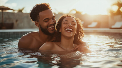 couple in a plunge pool at a luxury resort, the man lifting the woman playfully,