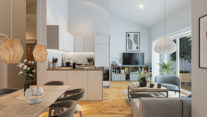 Modern open plan kitchen and living room showing minimalist interior design