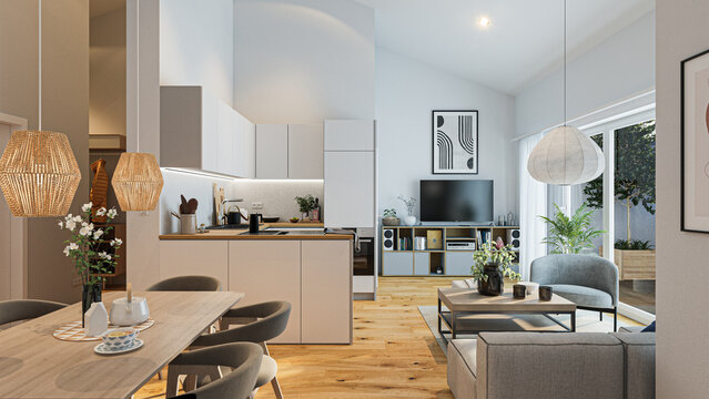 Fototapeta Modern open plan kitchen and living room showing minimalist interior design