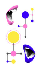 Modern artwork. Pink and blue lips with abstract interconnected circles visualize conceptual...