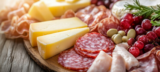 Assorted cheeses and meats arranged attractively on wooden board