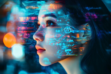 Innovative digital concepts with a young woman engaged in advanced technology and data visualization at night