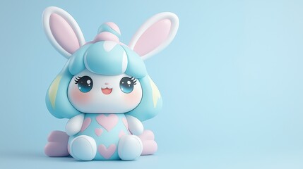 Fototapeta premium A cute, pastel-colored bunny character with large eyes and fluffy features, sitting against a light blue background.