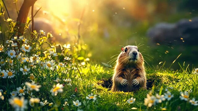 Marmot climbed out of the hole. Selective focus. Nature.