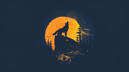 Fototapeta premium A silhouette of a wolf howling on a cliff against a large, bright orange full moon with some clouds. The scene includes pine trees and a dark blue background, creating a striking and dramatic contrast