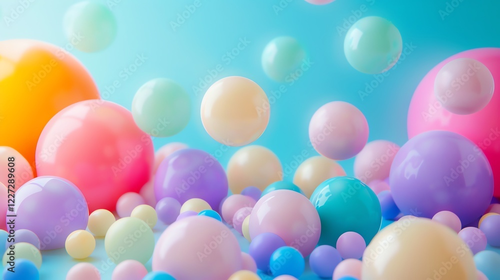 Poster 3d rendering. abstract background with colorful balls. pastel colors.