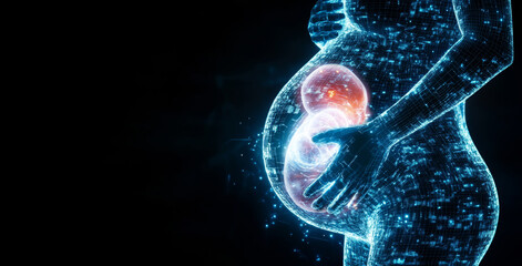 A glowing figure representing a pregnant individual cradles a luminous embryo. This artwork symbolizes the fusion of technology and human development in a futuristic landscape.