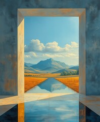 Surrealist photography, large windows and foregrounds, peaceful meadow images reflected outside, bridges made of light, heavenly light coming down from the sky