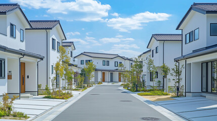緑あふれる現代的な住宅街の白い家並み