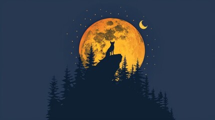 Fototapeta premium A silhouette of a wolf howling on a cliff against a large, bright orange full moon with some clouds. The scene includes pine trees and a dark blue background, creating a striking and dramatic contrast