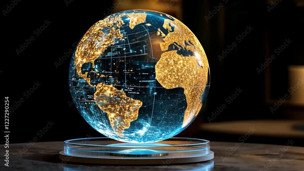 Poster a glowing 3d globe showcasing illuminated continents against a dark background in a modern setting