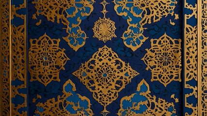 An intricate Middle Eastern fabric pattern featuring detailed geometric and floral motifs in rich colors like gold, deep blue, and maroon