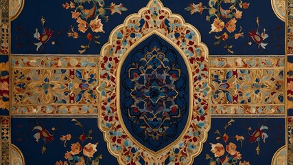 An intricate Middle Eastern fabric pattern featuring detailed geometric and floral motifs in rich colors like gold, deep blue, and maroon