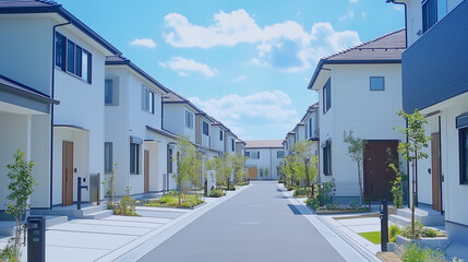 緑あふれる現代的な住宅街の白い家並み