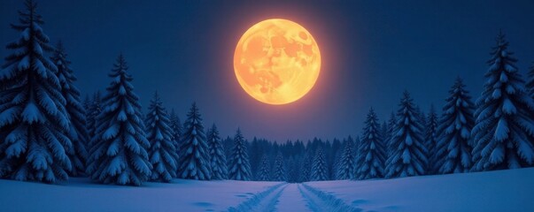 Snow-covered trees under the huge glowing moon, dark forest, serene