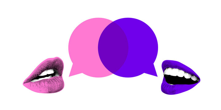 Conceptual art design. Pink and purple lips face each other with overlapping speech bubbles, symbolizing conversation, dialogue, and exchange of ideas. Concept of communication, opinion.