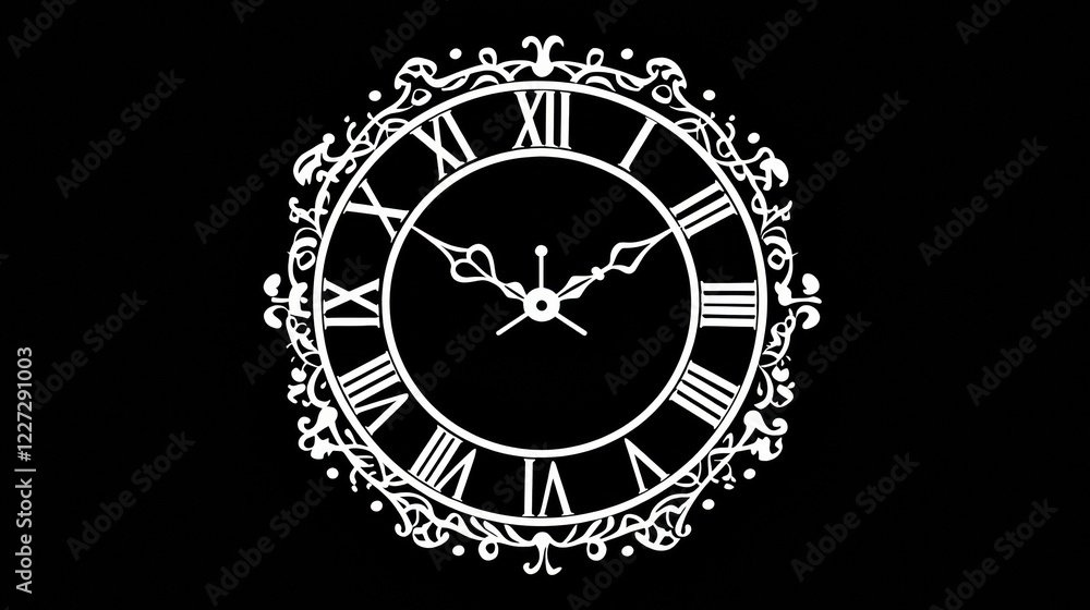 Aufkleber Intricate white clock design with Roman numerals displayed against a black background showcasing elegance and timelessness. Generative AI